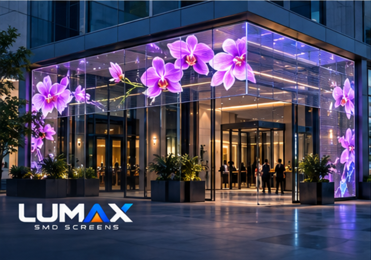 Transparent SMD LED screen display for glass and modern commercial spaces