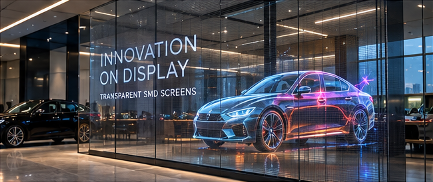 Transparent outdoor SMD LED screen installation on glass architecture