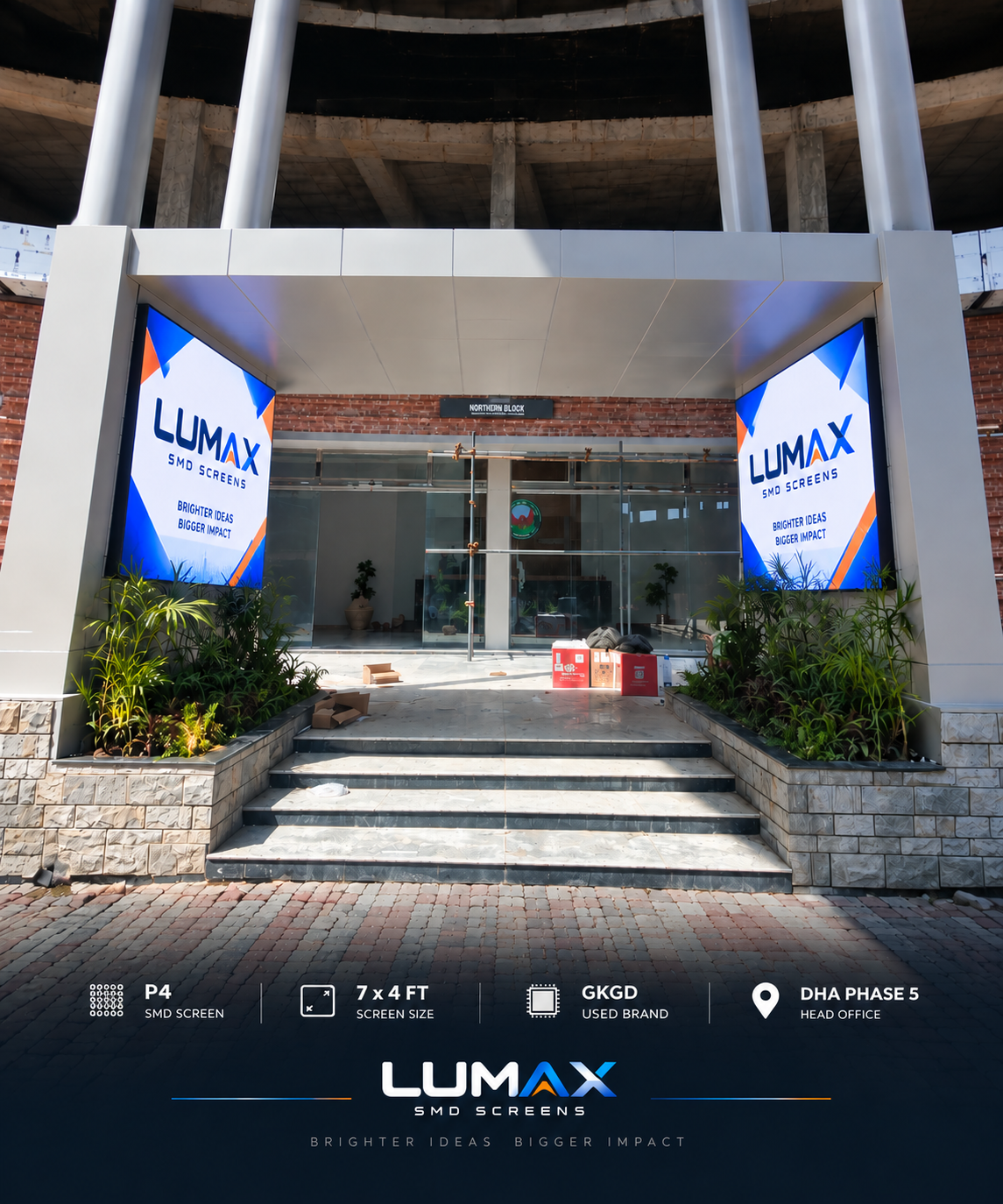 Final P4 SMD LED screen installation at DHA Phase 5 Head Office by LUMAX