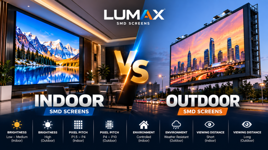 Indoor vs outdoor SMD screens comparison showing brightness, pixel pitch, environment and viewing distance