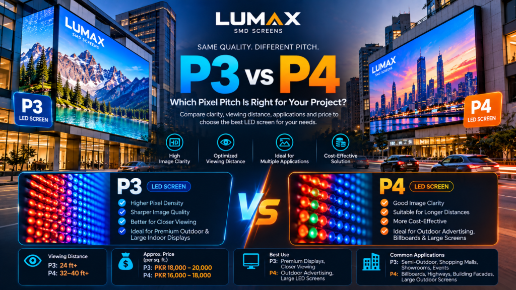 P3 vs P4 LED screen comparison showing pixel pitch, viewing distance, price and applications