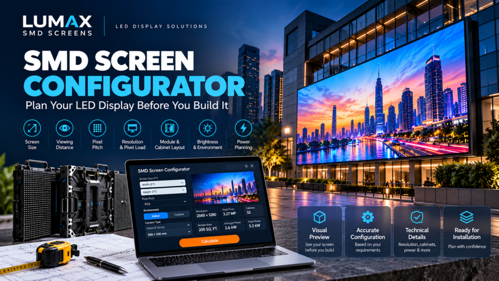 SMD Screen Configurator for LED display planning showing screen size, pixel pitch, resolution and cabinet layout