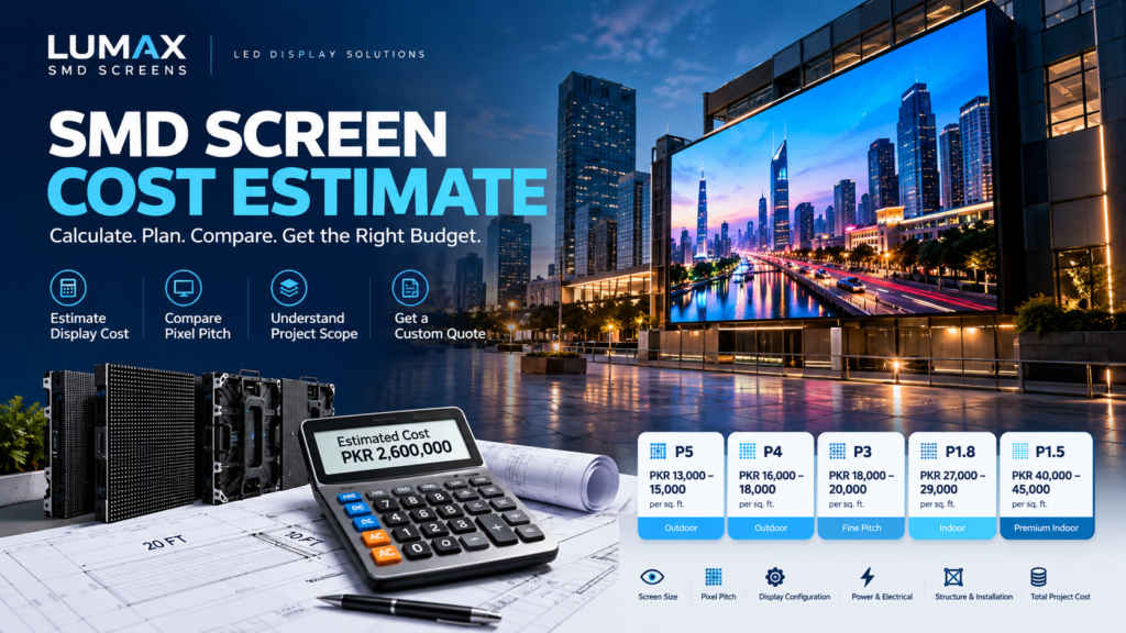 SMD screen cost estimate in Pakistan showing LED display pricing and pixel pitch options