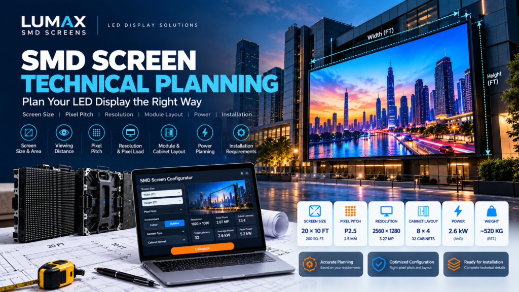 SMD screen technical planning showing LED screen size, pixel pitch, resolution, cabinet layout and power requirements