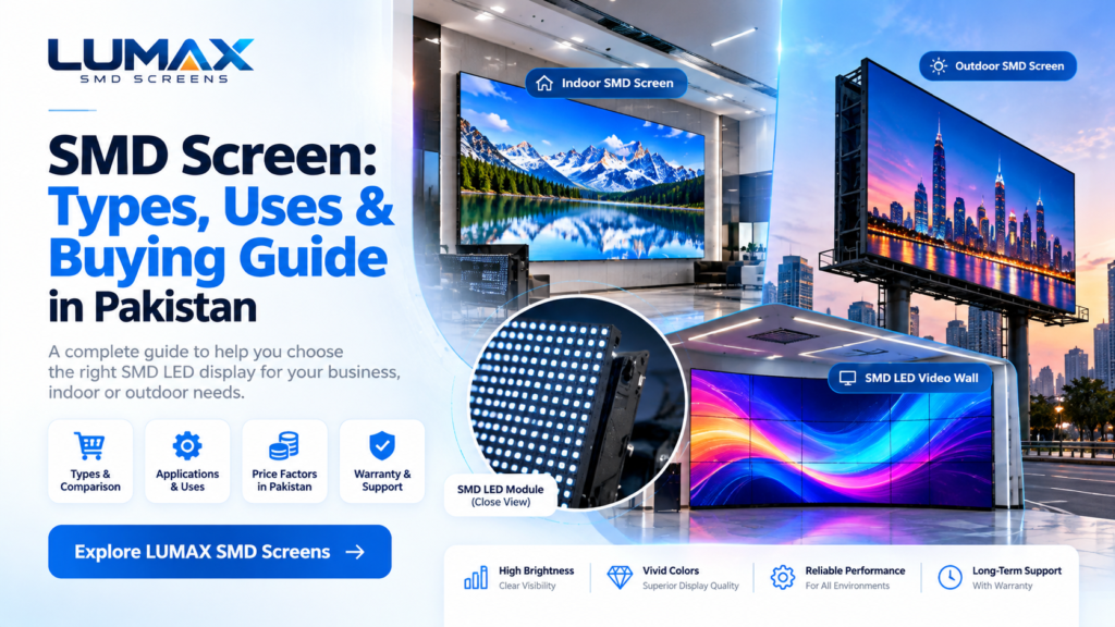 SMD screen types including indoor SMD screen, outdoor SMD screen and LED video wall by LUMAX Pakistan